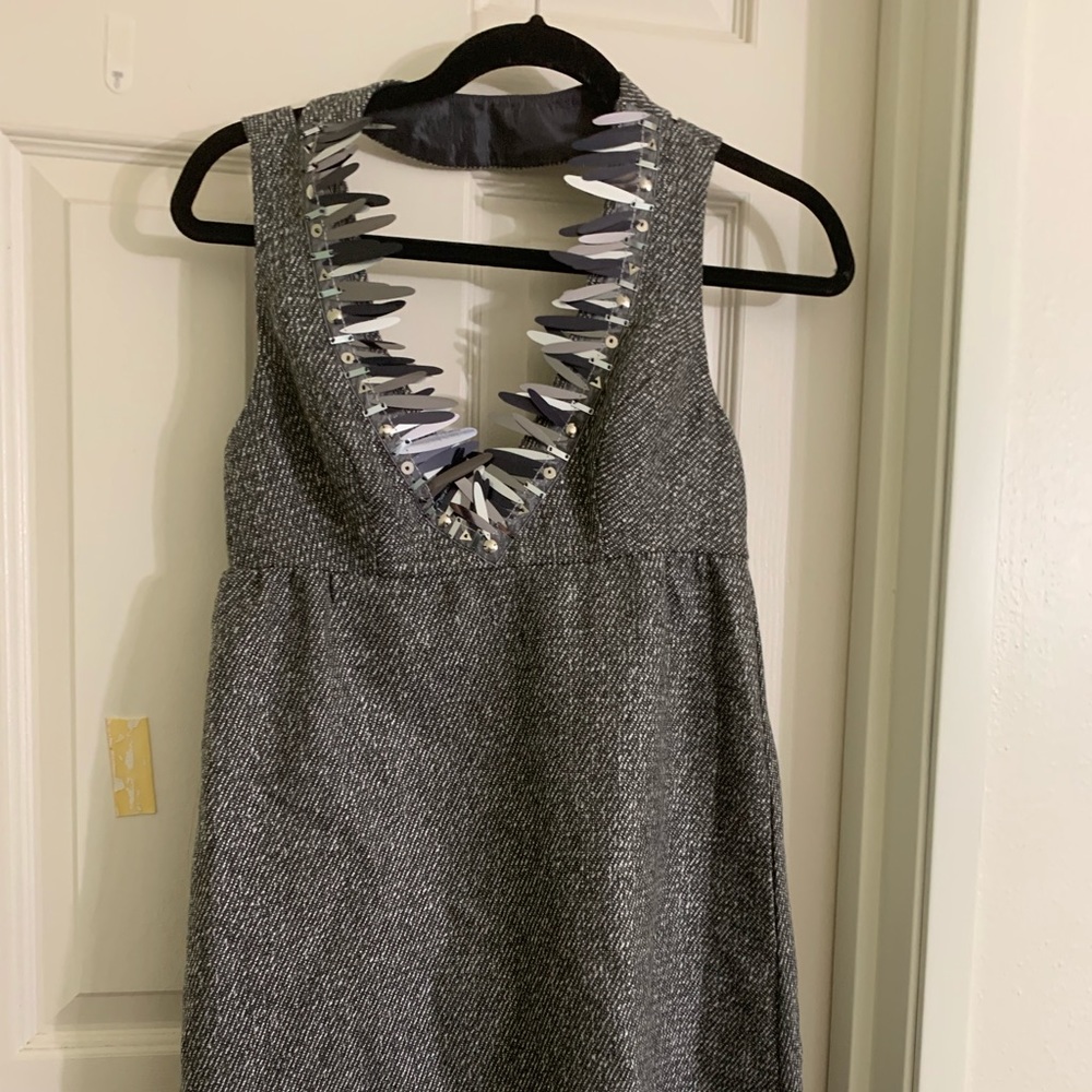 Sleeveless Metallic Boucle Vneck Shift Mini Dress
